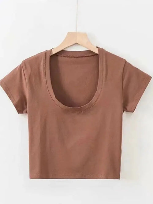 U-Neck Crop Top Solid Color Women Casual High Waist T Shirt Basic Sexy