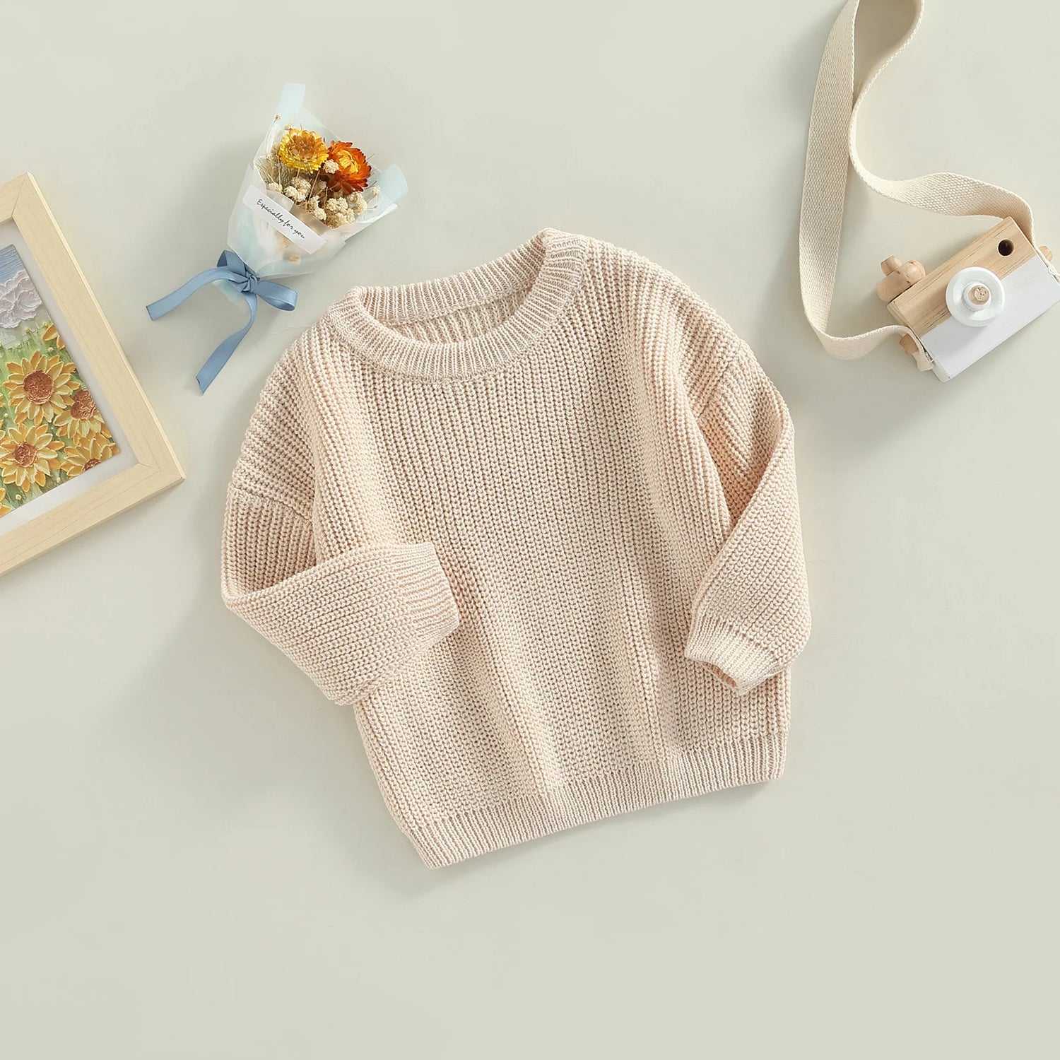 VISgogo Toddler Baby Round Neck Sweaters Long Sleeve Solid Color Loose