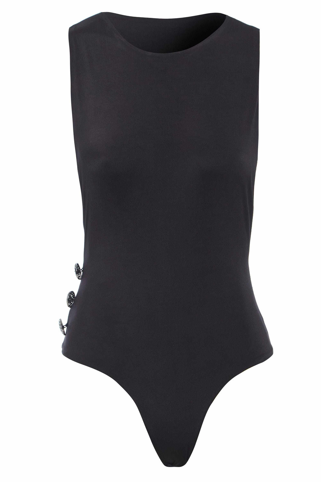 Chic black bodysuit with dropped armholes and metallic button detailing.