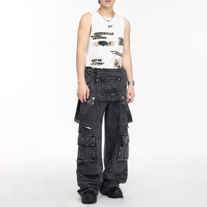 Mens Denim Strap Design Washed High Street Pants Autumn Hawaii Niche