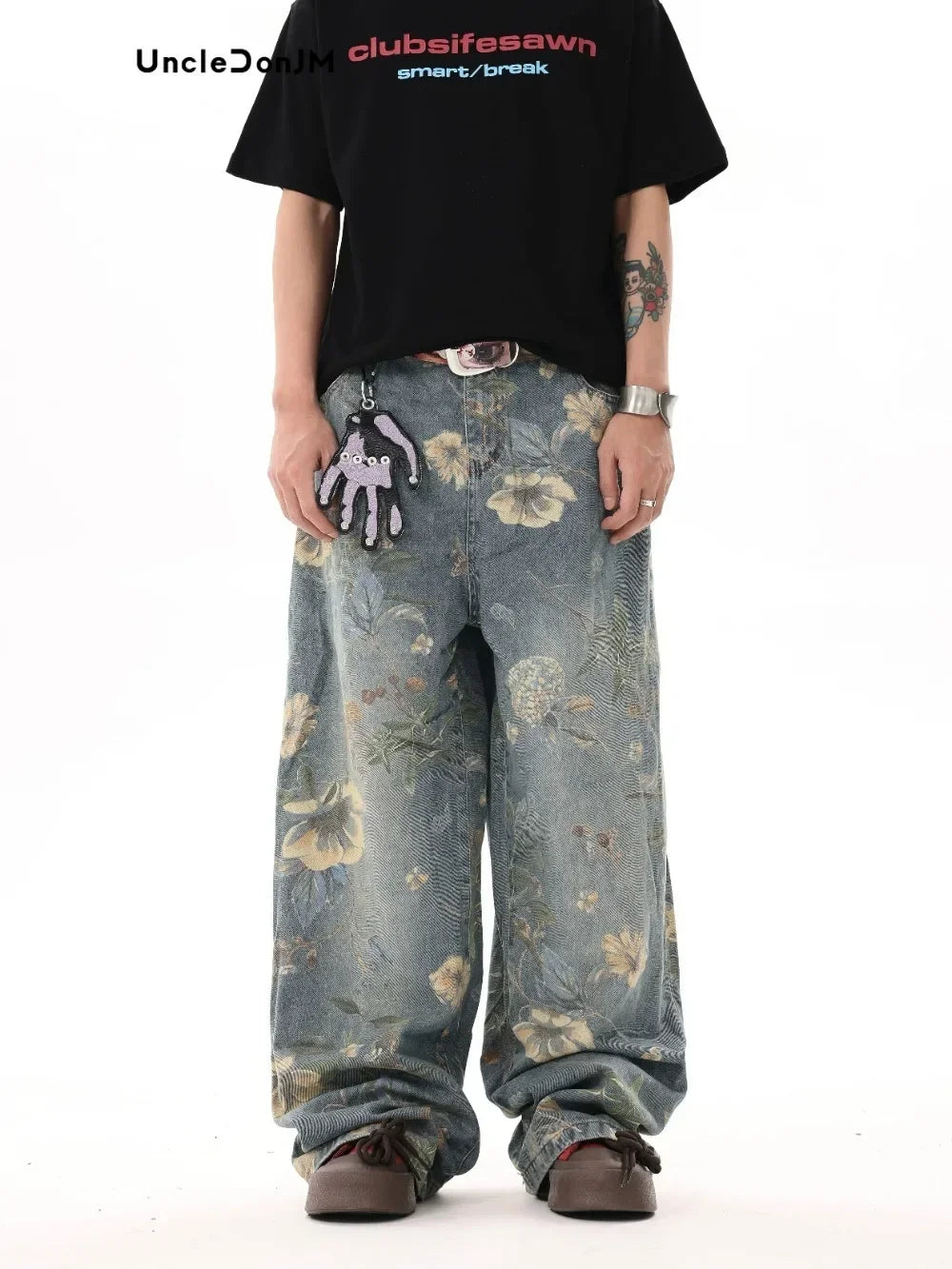 UNCLEDONJM Floral Print Jeans Y2k Men’s Jeans Streetwear Pants for Men