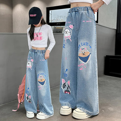 2024 Cartoon Fashion Pattern Jeans for Girl Loose Straight Denim Pants