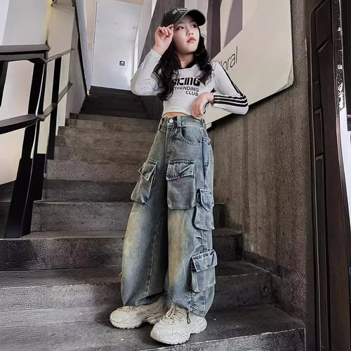 Cargo Jeans for Girls 2024 Spring Loose Casual Elastic Waist Teenage