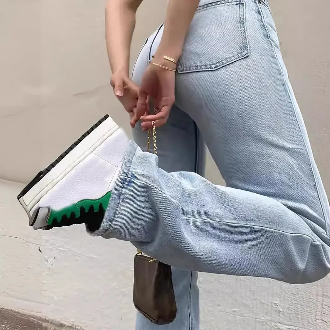 Wash Jeans Denim Women Straight Pants Pockets High Waist Ankle Length