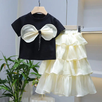 Childrens Sets Girl Short Sleeve Skirt New Sweet Bow Hot Drill Cake