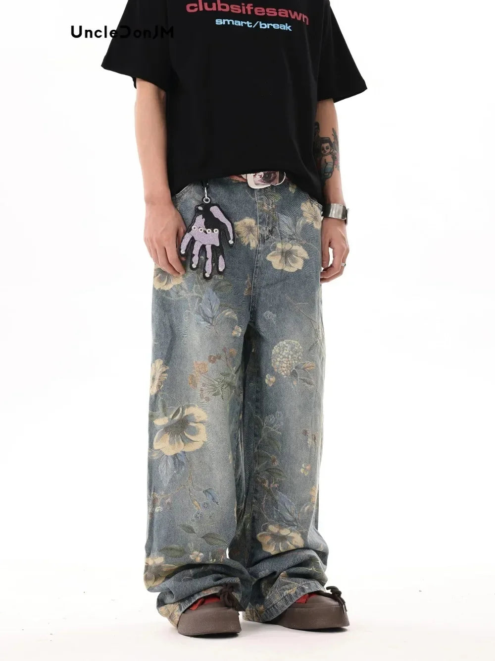 UNCLEDONJM Floral Print Jeans Y2k Men’s Jeans Streetwear Pants for Men