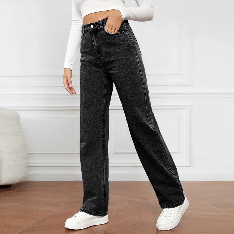 Women Jeans Straight Pants Denim Washing High Waist Loose Fit Pockets