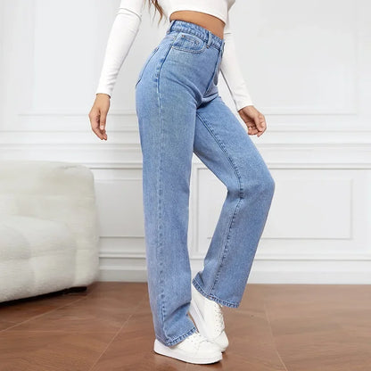 Women Jeans Straight Pants Denim Washing High Waist Loose Fit Pockets