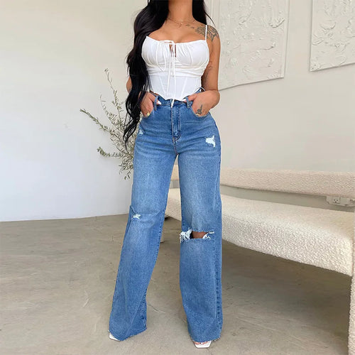 Women Jeans Wide Leg Pants Denim High Waist Zipper Fly Washing Holes