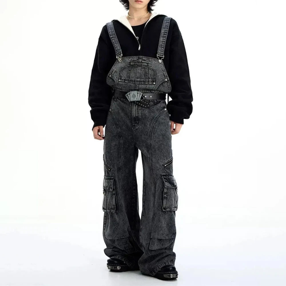 Mens Denim Strap Design Washed High Street Pants Autumn Hawaii Niche