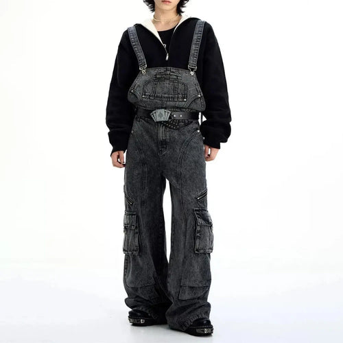Mens Denim Strap Design Washed High Street Pants Autumn Hawaii Niche
