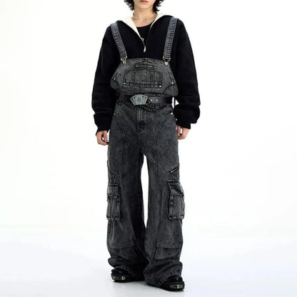 Mens Denim Strap Design Washed High Street Pants Autumn Hawaii Niche