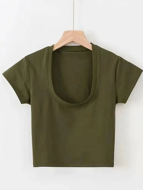 U-Neck Crop Top Solid Color Women Casual High Waist T Shirt Basic Sexy