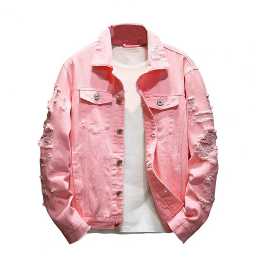 S-3XL Fashion Denim Jacket Men Ripped Holes Mens Pink black Jean