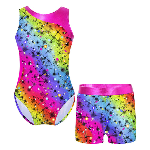 Kids Girls Gymnastics Sport Dance Leotard Set Jumpsuit Fancy Print