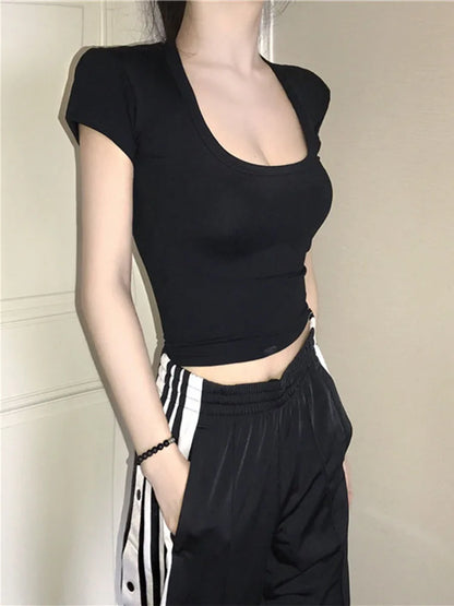 U-Neck Crop Top Solid Color Women Casual High Waist T Shirt Basic Sexy