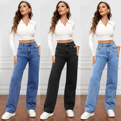 Women Jeans Straight Pants Denim Washing High Waist Loose Fit Pockets