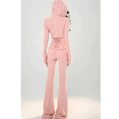 Pink Sweet 2 Pcs Pants Sets for Women Hooded Sweater &amp; Pants Casual