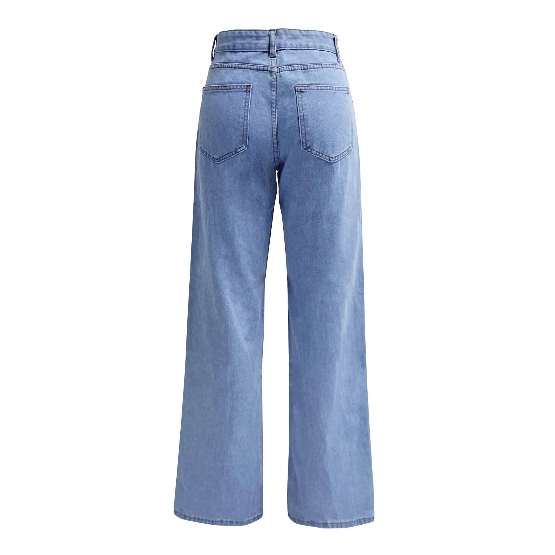 Women Jeans Straight Pants Denim Washing High Waist Loose Fit Pockets