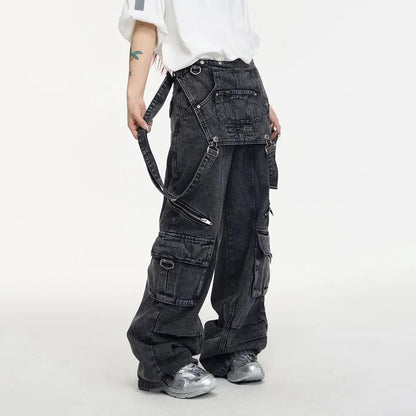 Mens Denim Strap Design Washed High Street Pants Autumn Hawaii Niche