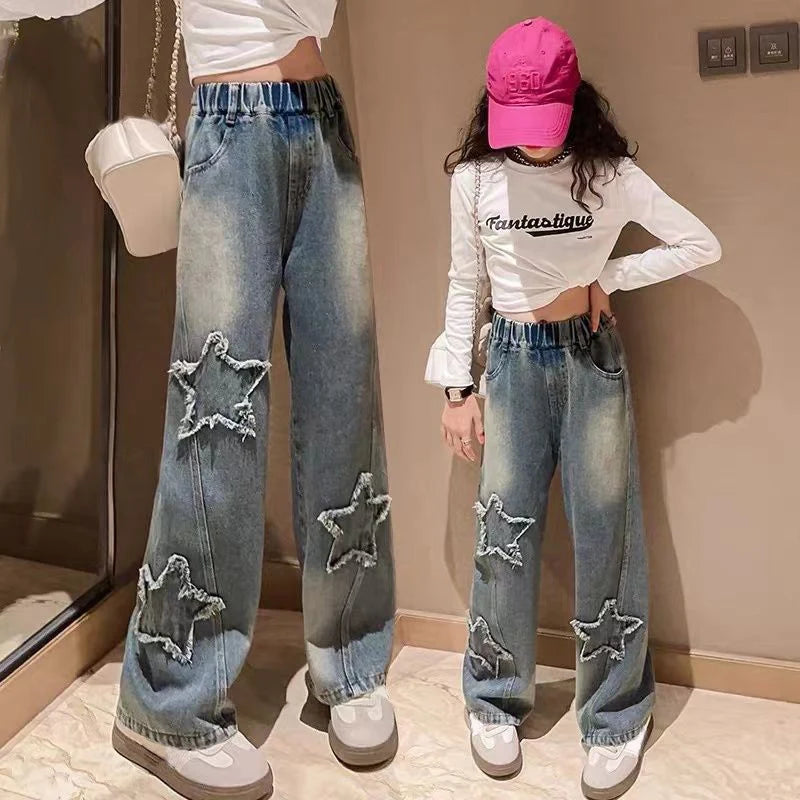 IENENS High Waist Jeans Girl Straight Loose Wide-leg Pants Spring and