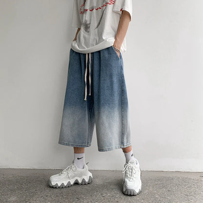 Summer Gradient Jeans Shorts Male Calf Length Trousers Denim Elastic