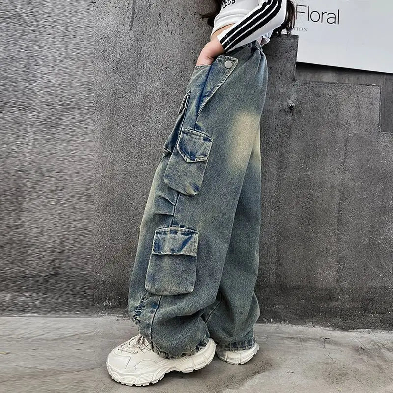 Cargo Jeans for Girls 2024 Spring Loose Casual Elastic Waist Teenage