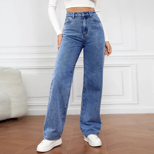 Women Jeans Straight Pants Denim Washing High Waist Loose Fit Pockets