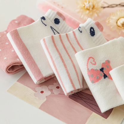 5 Pairs of Pink and White Till Cute Cat Fashion Women&