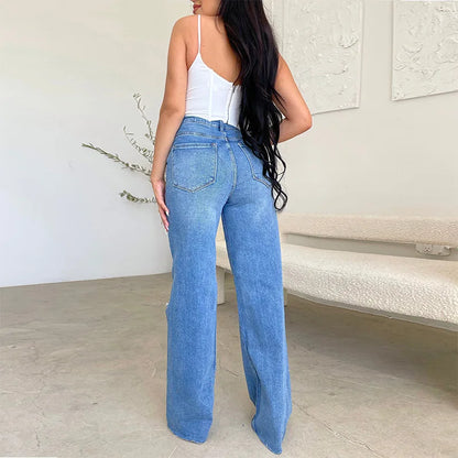 Women Jeans Wide Leg Pants Denim High Waist Zipper Fly Washing Holes