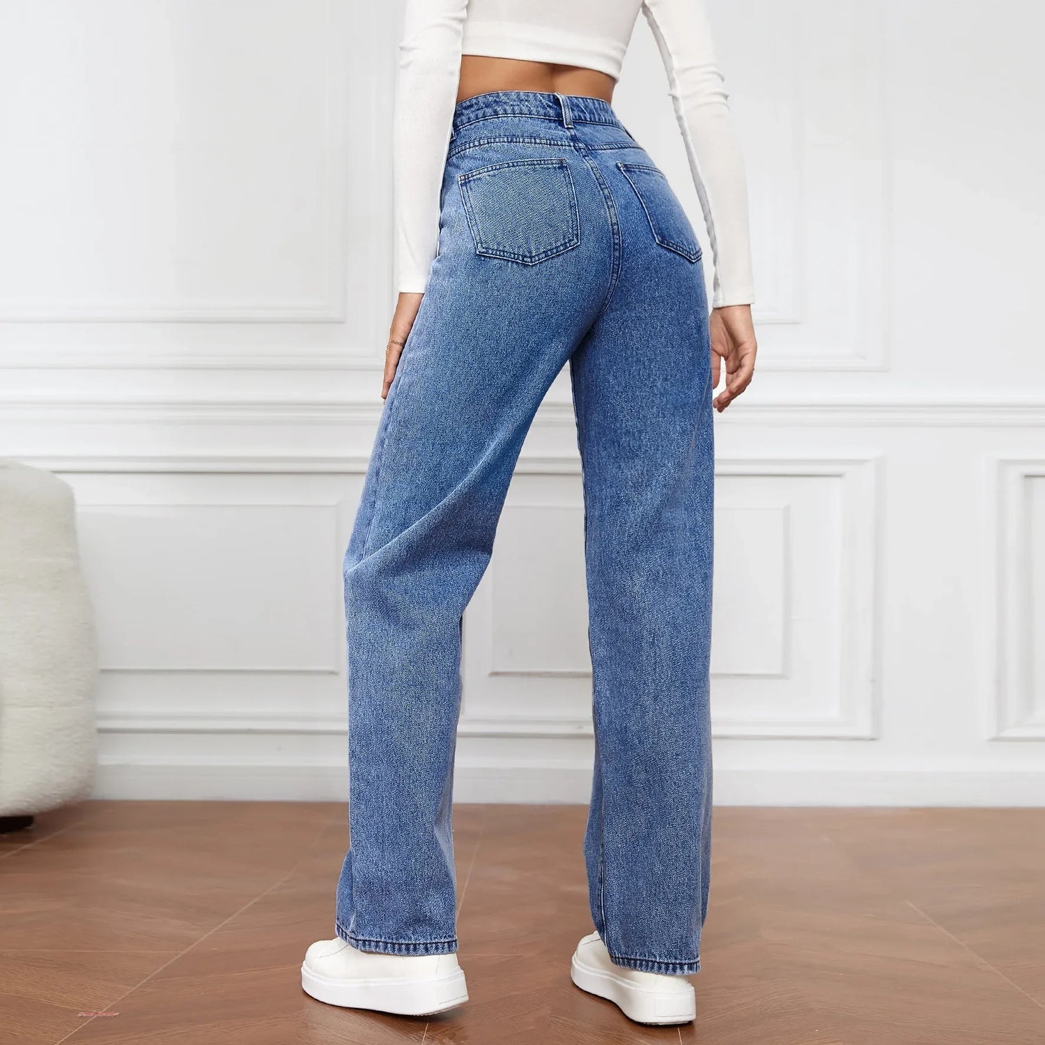 Women Jeans Straight Pants Denim Washing High Waist Loose Fit Pockets