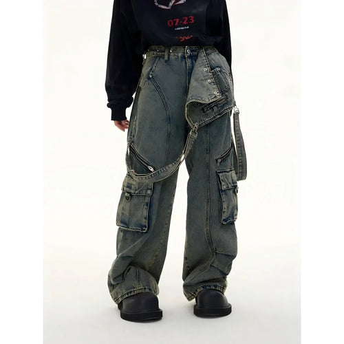 Mens Denim Strap Design Washed High Street Pants Autumn Hawaii Niche