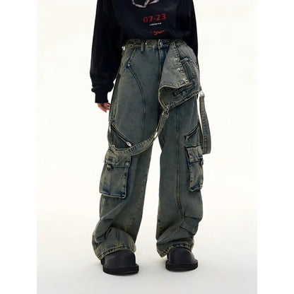 Mens Denim Strap Design Washed High Street Pants Autumn Hawaii Niche