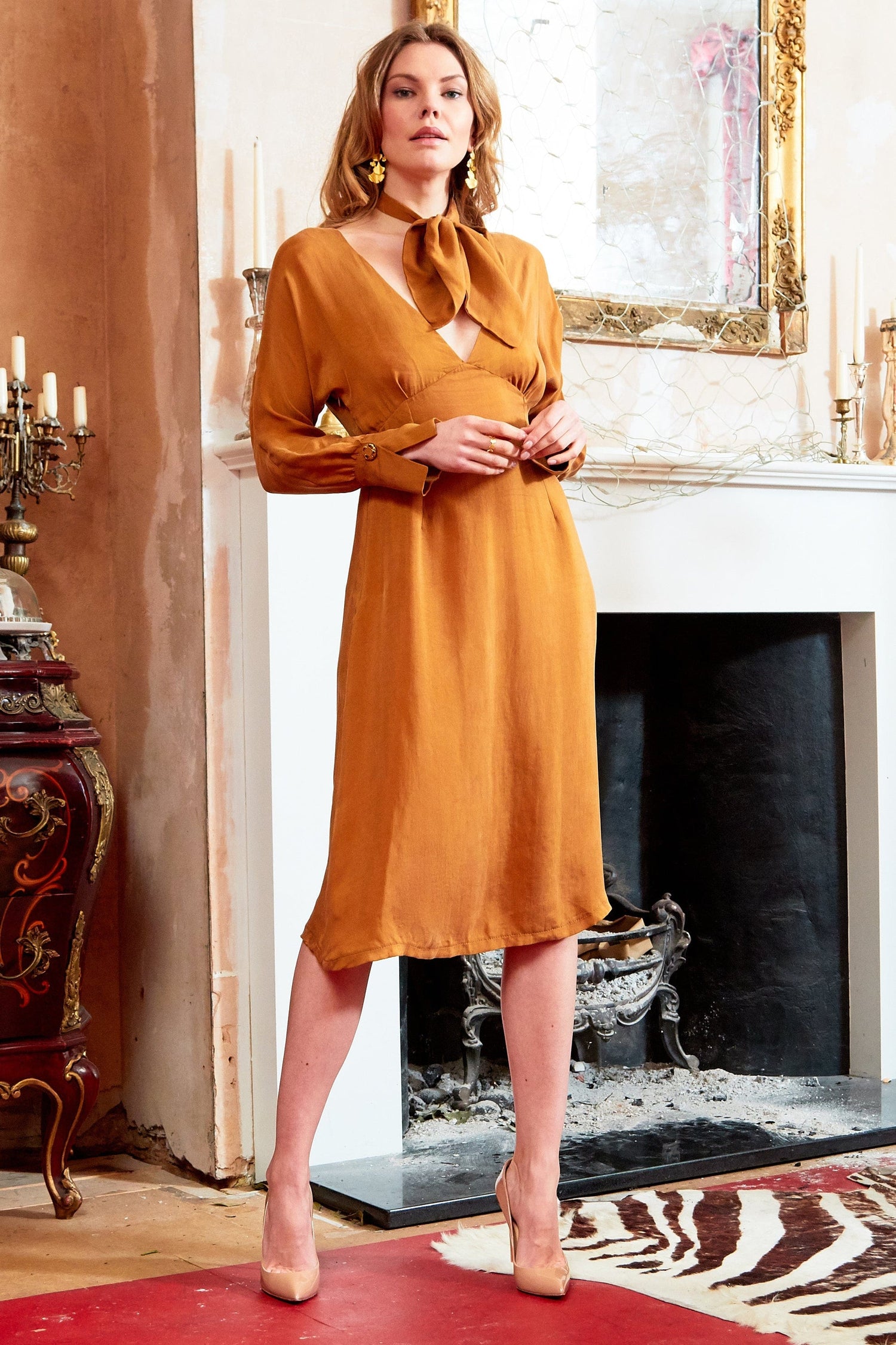 Mustard long sleeve Midi Dress