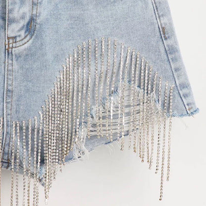 Summer Ripped Jeans Short Femme High Waist Diamond Tassel Y2k Casual