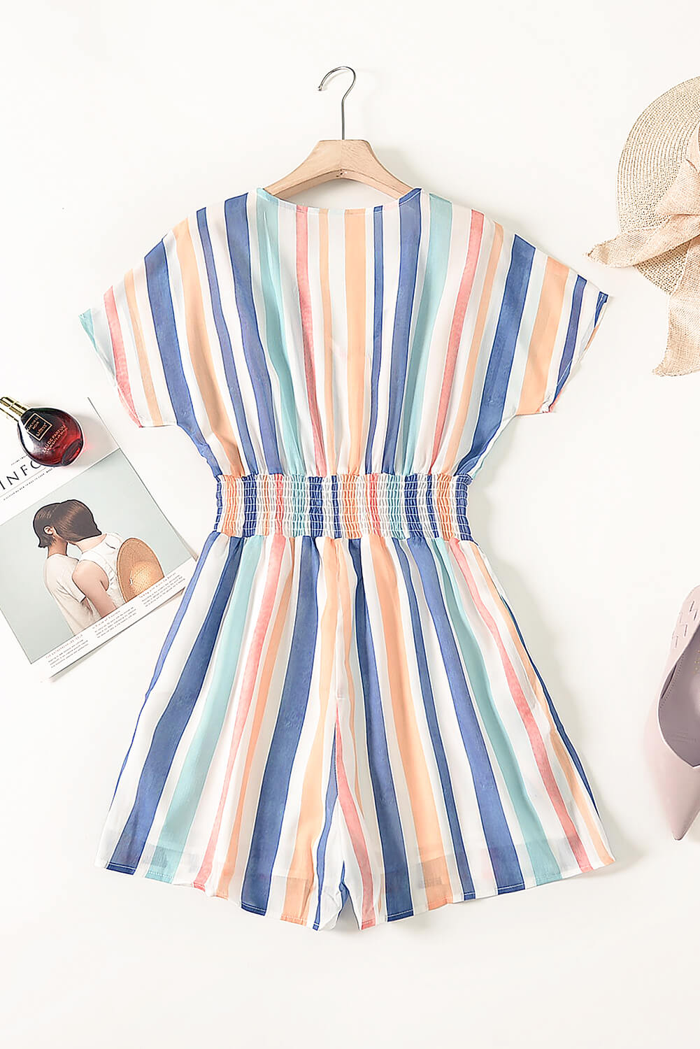 Summer Striped Print V-neck Button Romper