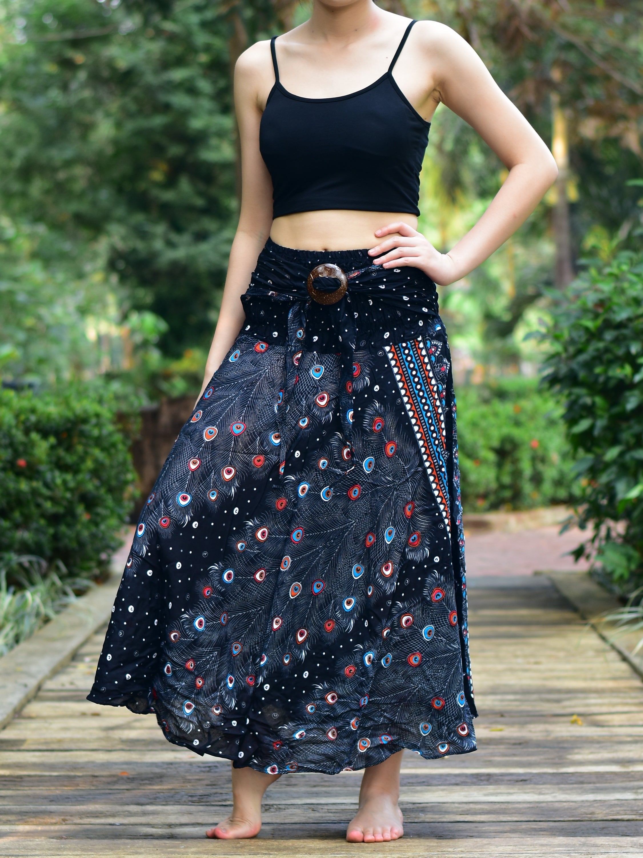 Bohotusk Black Peacock Long Skirt With Coconut Buckle (&amp; Strapless