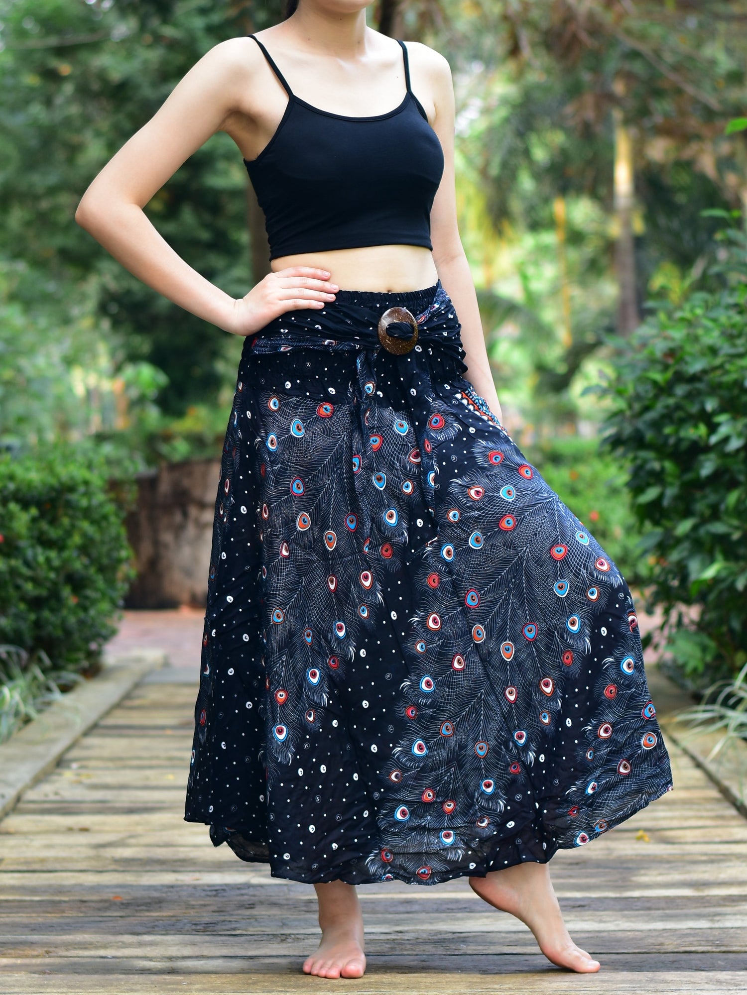 Bohotusk Black Peacock Long Skirt With Coconut Buckle (&amp; Strapless