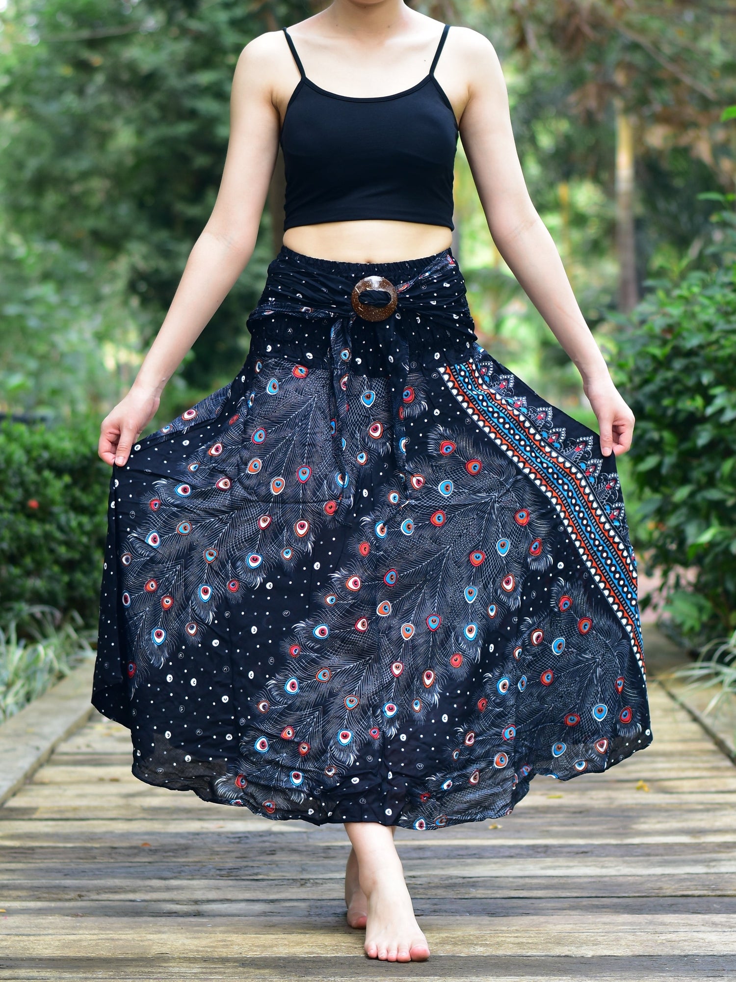 Bohotusk Black Peacock Long Skirt With Coconut Buckle (&amp; Strapless