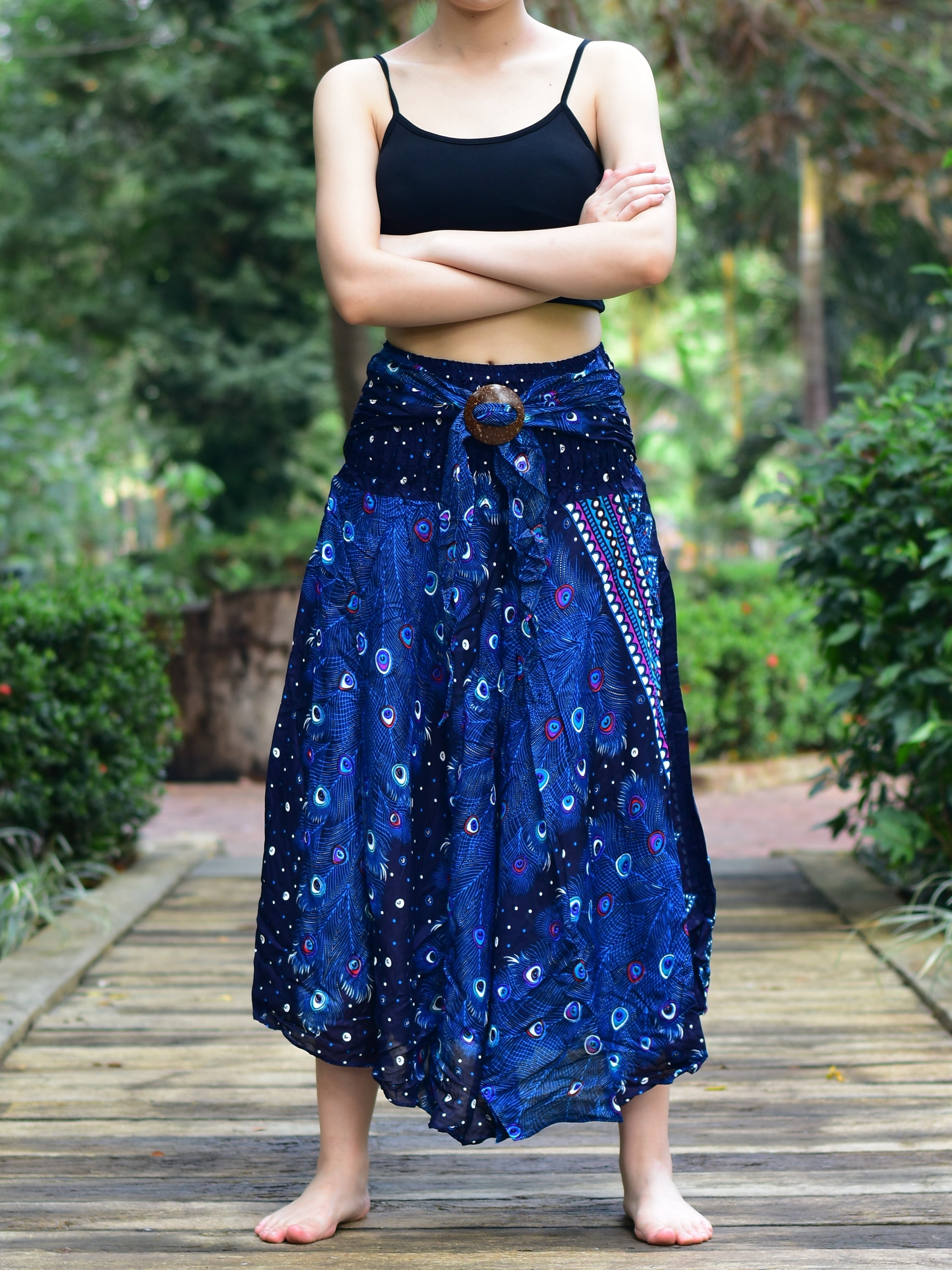 Bohotusk Blue Peacock Long Skirt With Coconut Buckle (&amp; Strapless