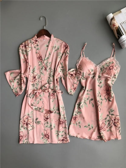 Women Robe &amp; Gown Sets Flower Satin Sleepwear