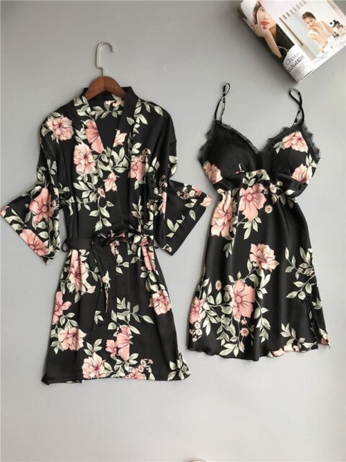 Women Robe &amp; Gown Sets Flower Satin Sleepwear