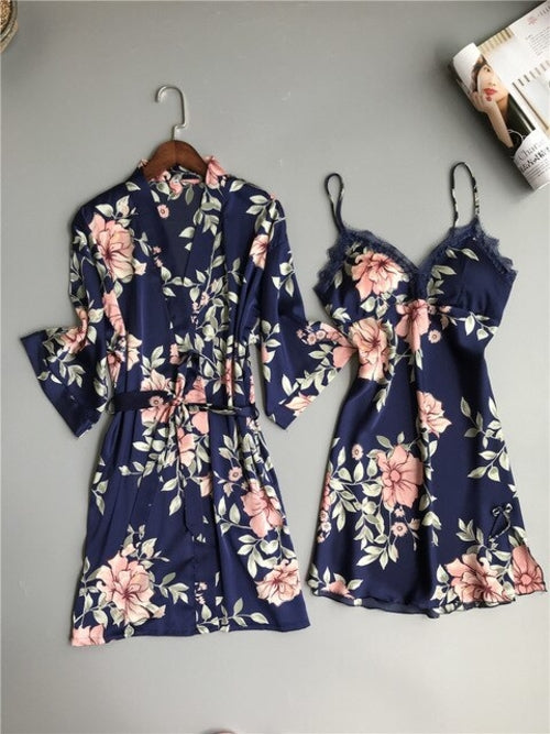 Women Robe &amp; Gown Sets Flower Satin Sleepwear