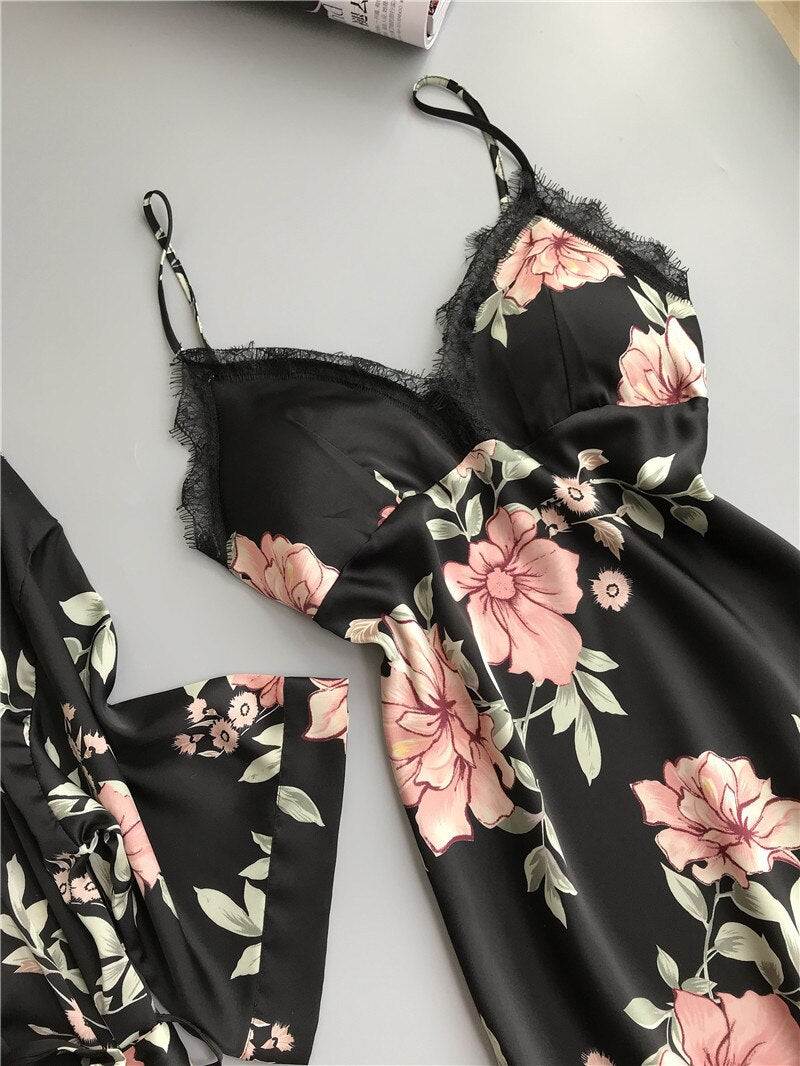 Women Robe &amp; Gown Sets Flower Satin Sleepwear