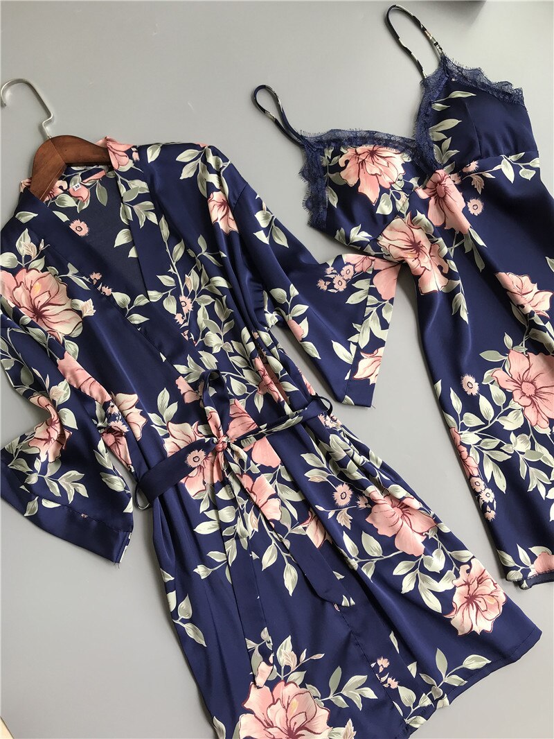 Women Robe &amp; Gown Sets Flower Satin Sleepwear