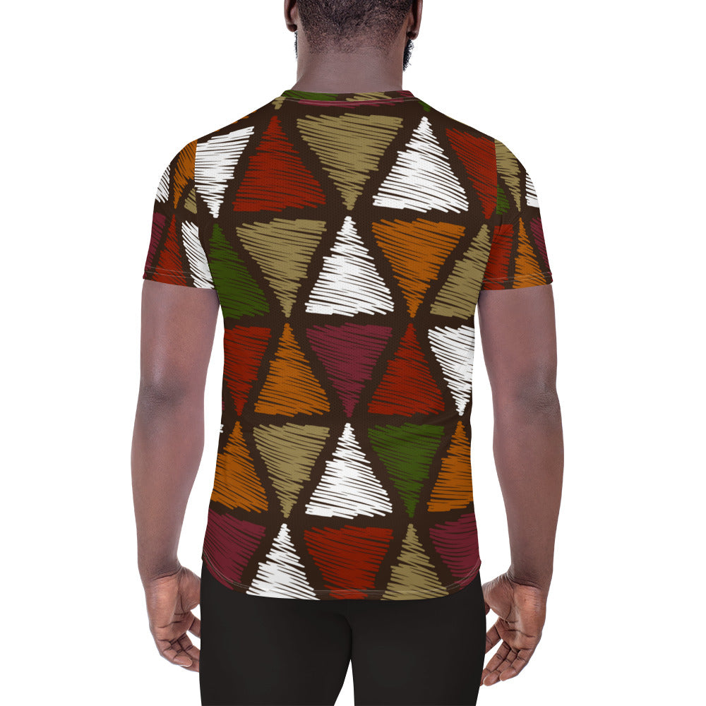 Mens Stretch Fit Athletic Sports T-shirt, Red Green Geometric Lines