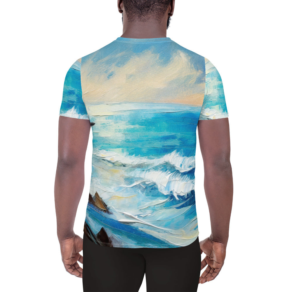 Mens Stretch Fit Athletic Sports T-shirt, Blue Ocean Print