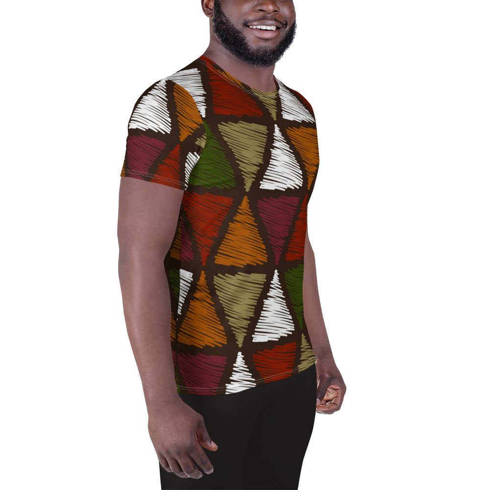 Mens Stretch Fit Athletic Sports T-shirt, Red Green Geometric Lines