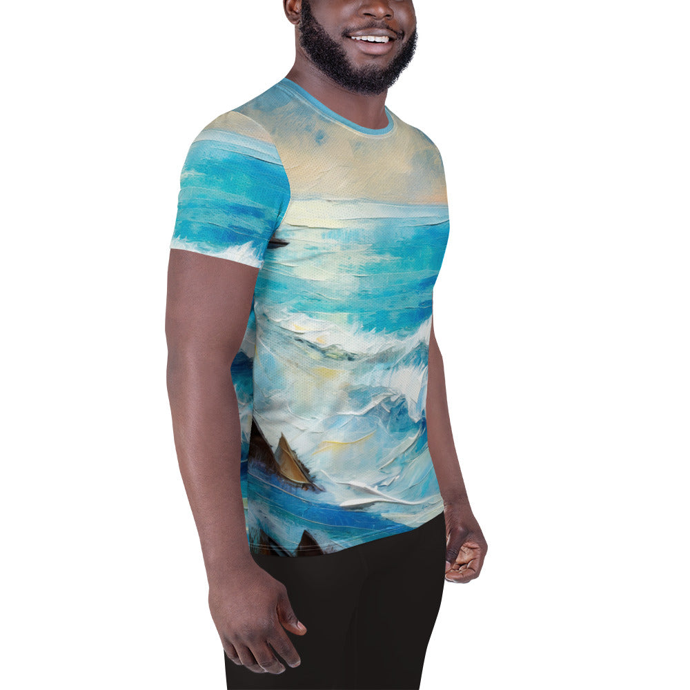 Mens Stretch Fit Athletic Sports T-shirt, Blue Ocean Print