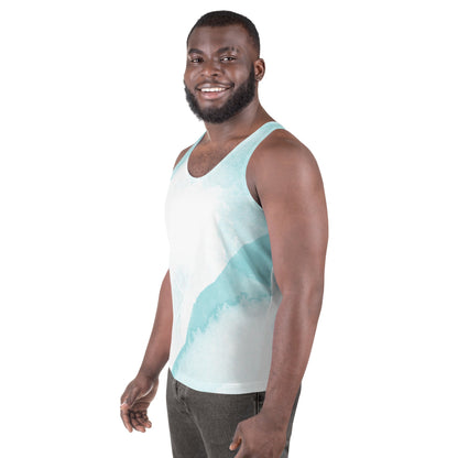 Mens Stretch Fit Tank Top, Subtle Abstract Ocean Blue and White Print